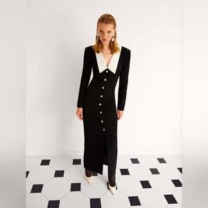 NOCTURNE Shoulder Pad Long Dress Black White Elegant Gown Size 44 / 2XL